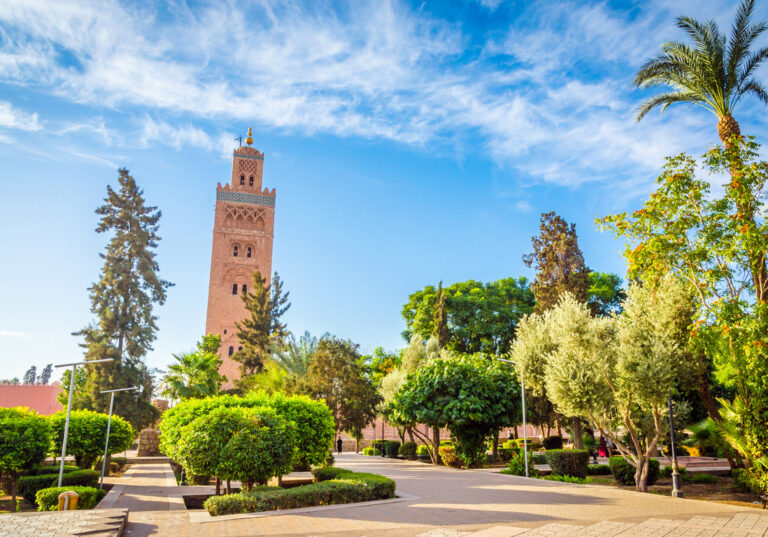 Koutoubia Mosque minaret in old medina  of Marrakesh, Morocco